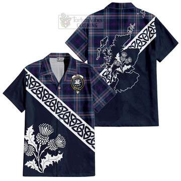 Nevoy Tartan Short Sleeve Button Shirt Featuring Thistle and Scotland Map