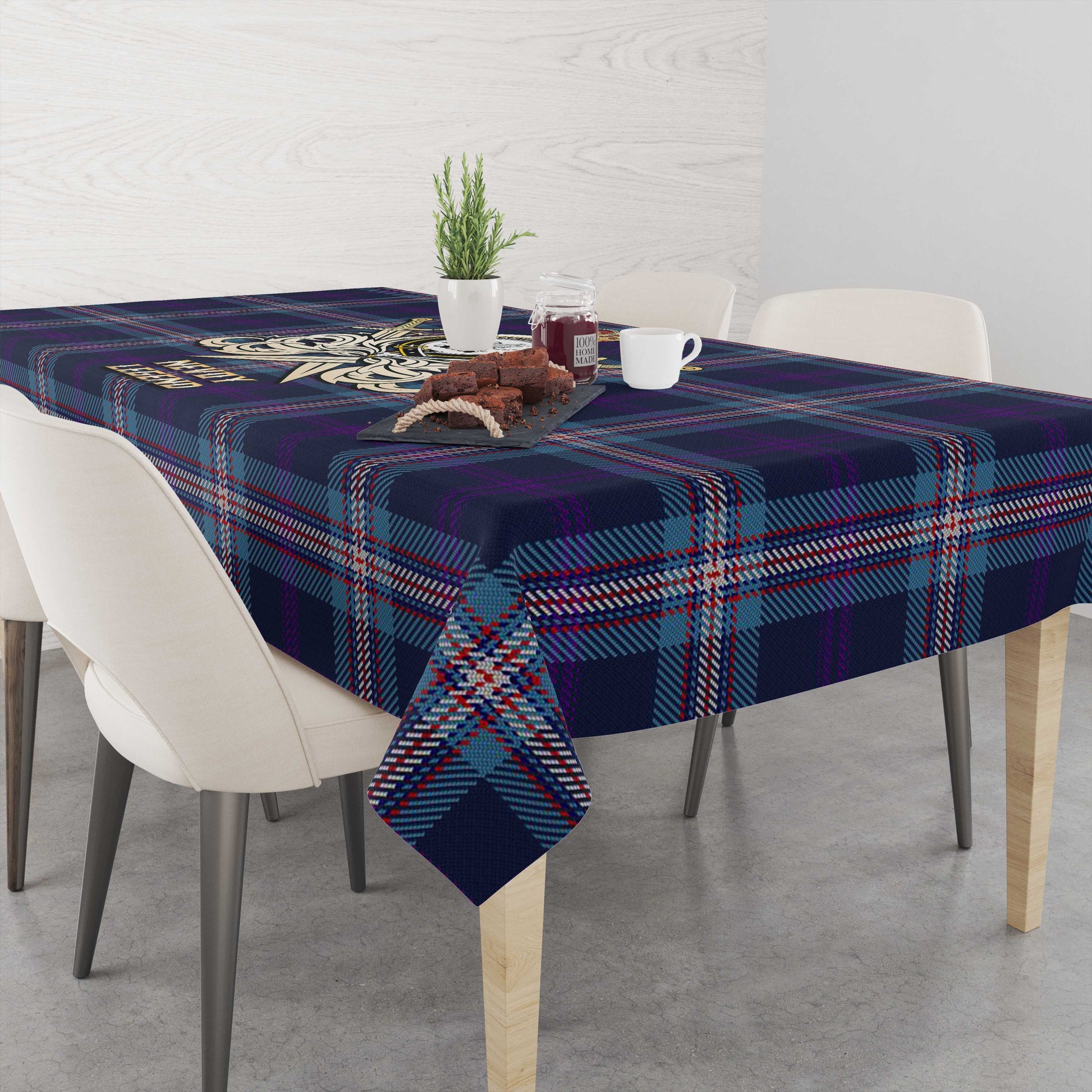 Tartan Vibes Clothing Nevoy Tartan Tablecloth with Clan Crest and the Golden Sword of Courageous Legacy