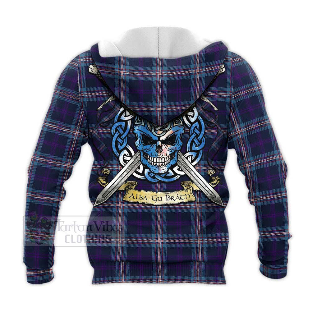 Tartan Vibes Clothing Nevoy Tartan Knitted Hoodie with Family Crest Celtic Skull Style