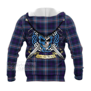 Nevoy Tartan Knitted Hoodie with Family Crest Celtic Skull Style