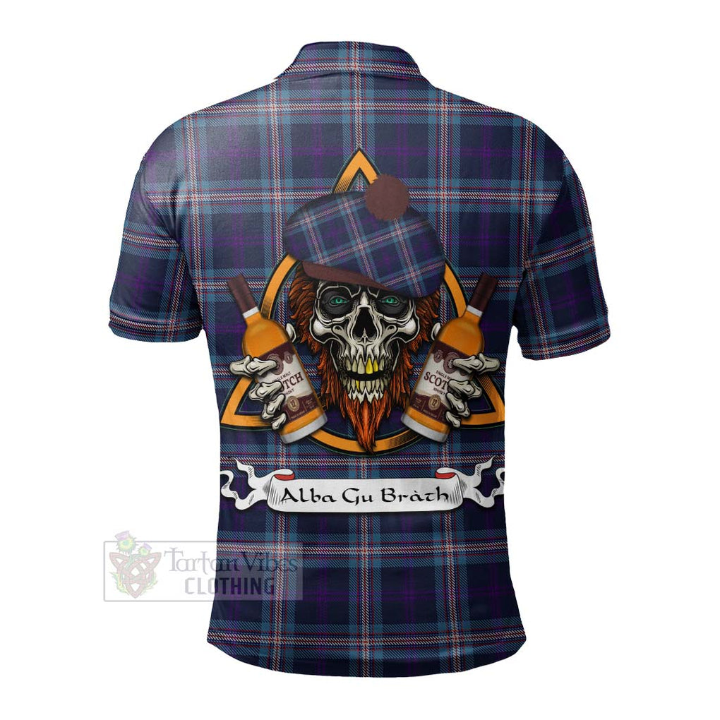 Tartan Vibes Clothing Nevoy Tartan Polo Shirt with Family Crest and Bearded Skull Holding Bottles of Whiskey