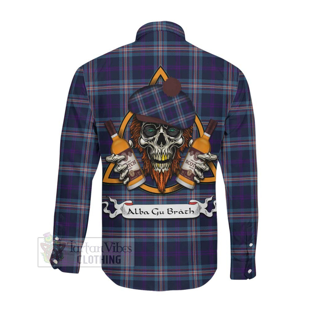 Tartan Vibes Clothing Nevoy Tartan Long Sleeve Button Shirt with Family Crest and Bearded Skull Holding Bottles of Whiskey