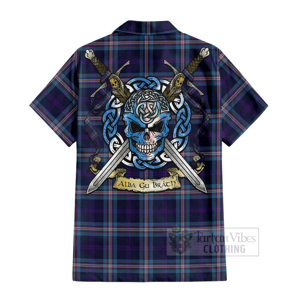 Tartan Vibes Clothing Nevoy Tartan Short Sleeve Button Shirt with Family Crest Celtic Skull Style