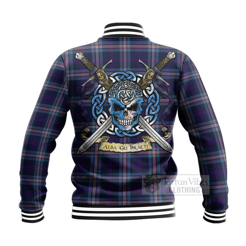 Tartan Vibes Clothing Nevoy Tartan Baseball Jacket with Family Crest Celtic Skull Style