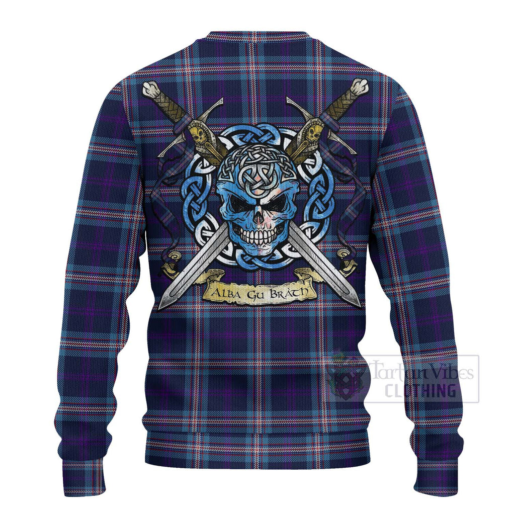 Tartan Vibes Clothing Nevoy Tartan Knitted Sweater with Family Crest Celtic Skull Style