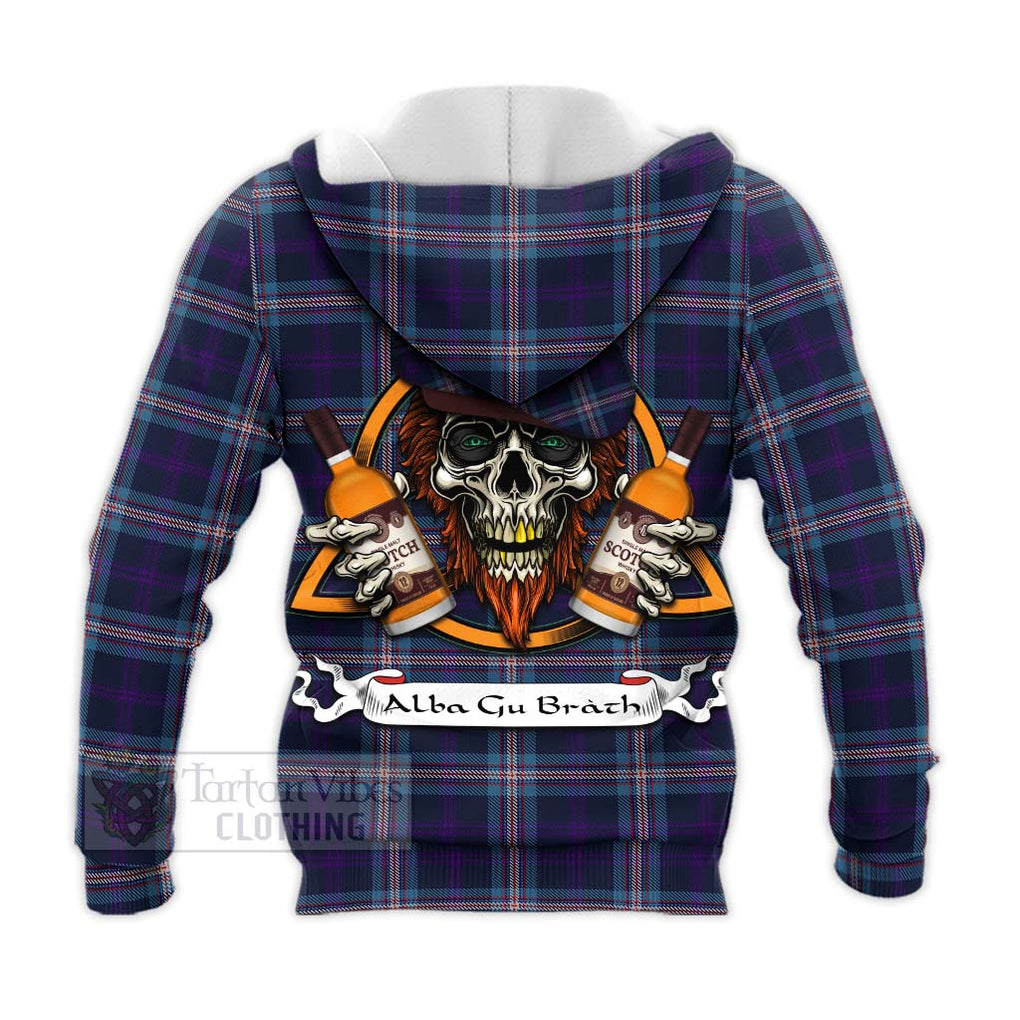 Tartan Vibes Clothing Nevoy Tartan Knitted Hoodie with Family Crest and Bearded Skull Holding Bottles of Whiskey