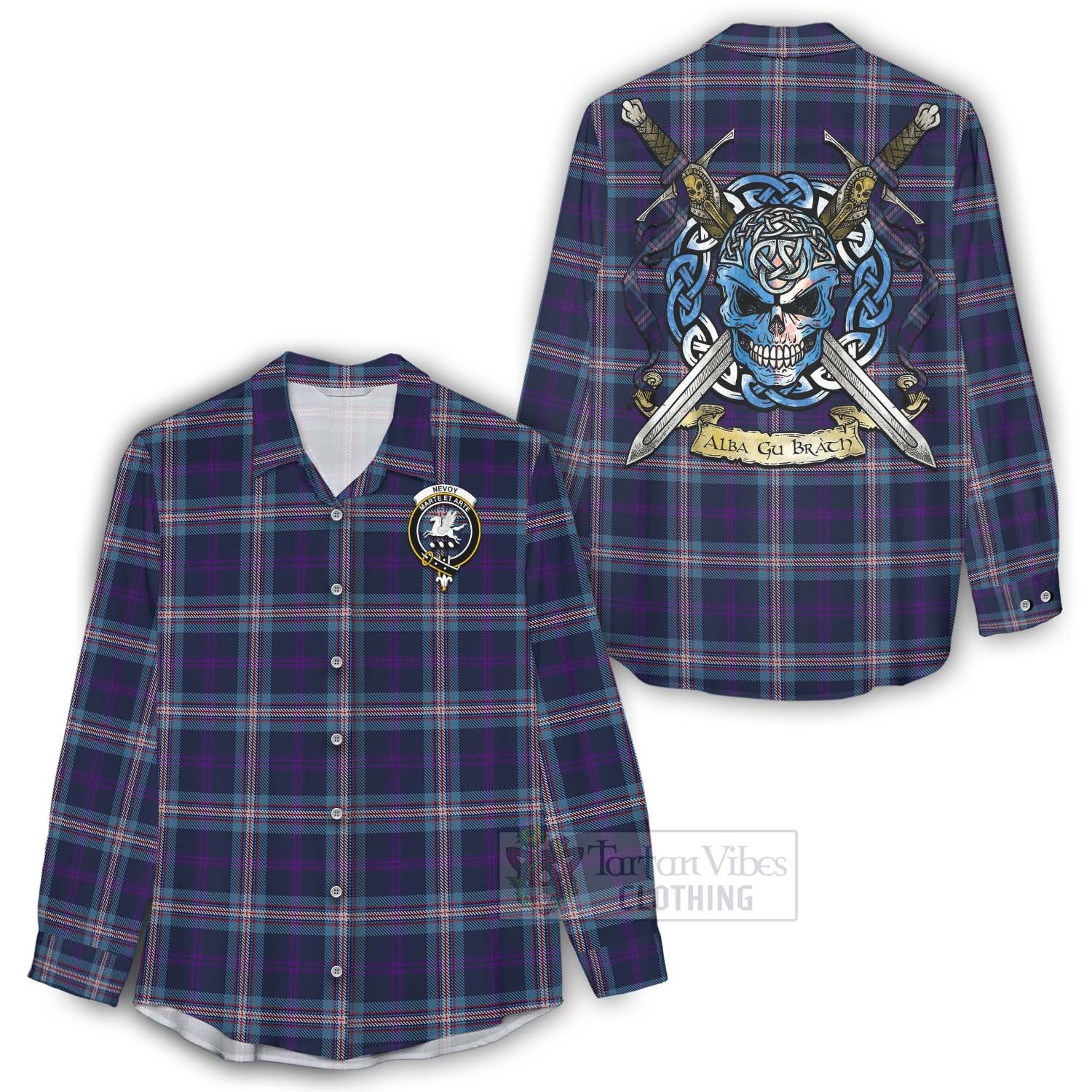 Tartan Vibes Clothing Nevoy Tartan Women's Casual Shirt with Family Crest Celtic Skull Style