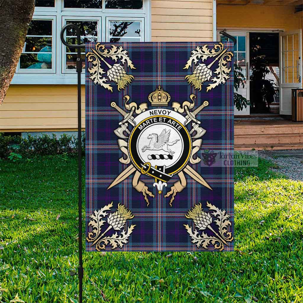 Tartan Vibes Clothing Nevoy Tartan Flag with Family Crest and Golden Thistle Crossed Sword Design