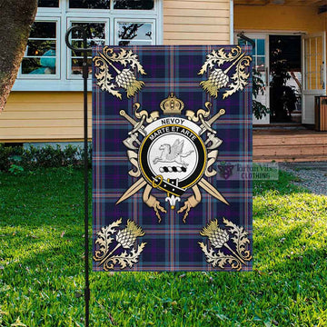 Nevoy Tartan Flag with Family Crest and Golden Thistle Crossed Sword Design