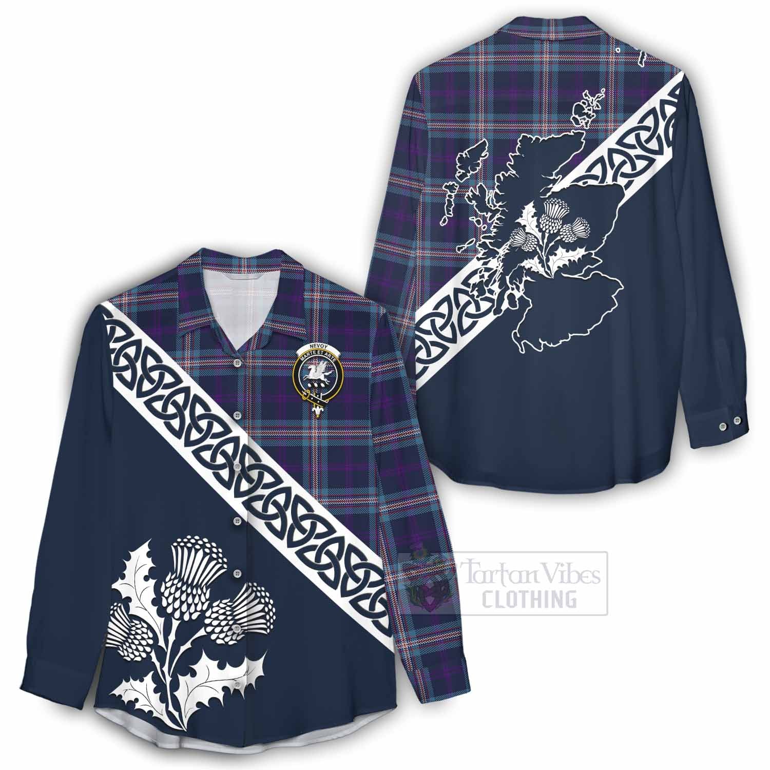 Tartan Vibes Clothing Nevoy Tartan Women's Casual Shirt Featuring Thistle and Scotland Map