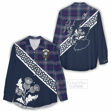 Nevoy Tartan Women's Casual Shirt Featuring Thistle and Scotland Map