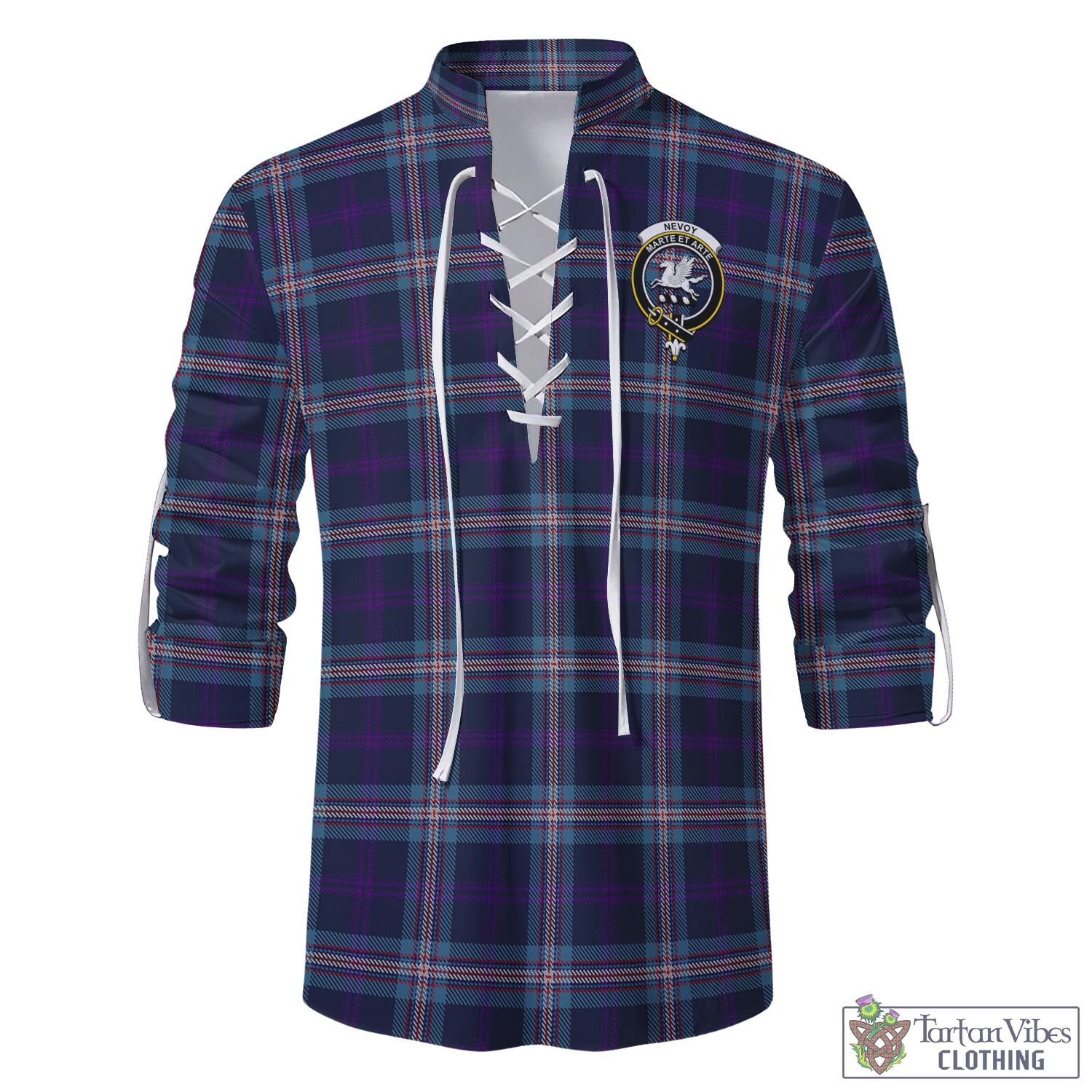 Tartan Vibes Clothing Nevoy Tartan Men's Scottish Traditional Jacobite Ghillie Kilt Shirt with Family Crest