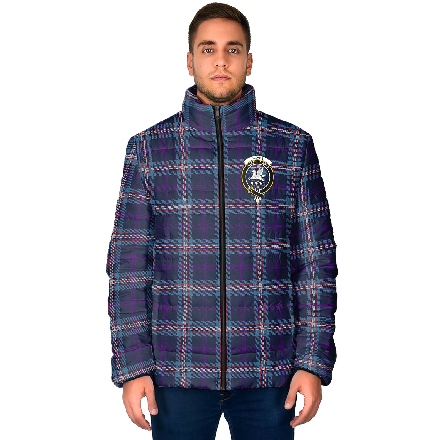 Nevoy Tartan Padded Jacket with Family Crest - Tartan Vibes Clothing