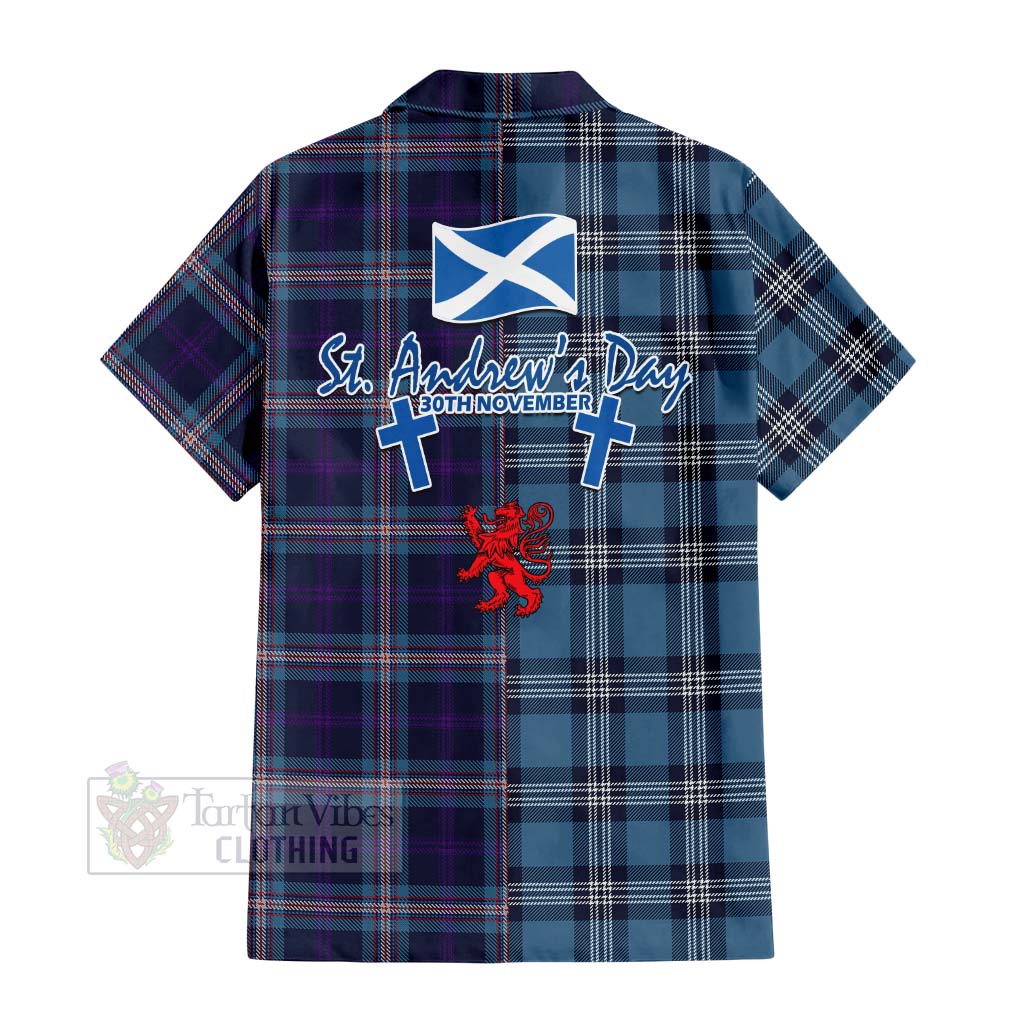 Tartan Vibes Clothing Nevoy Tartan Short Sleeve Button Shirt Happy St. Andrew's Day Half Tartan Style