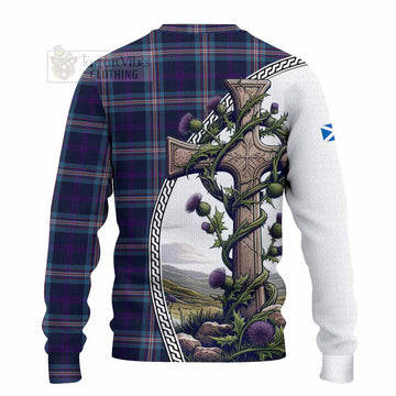 Nevoy Tartan Knitted Sweater with Family Crest and St. Andrew's Cross Accented by Thistle Vines - Tartan Vibes Clothing