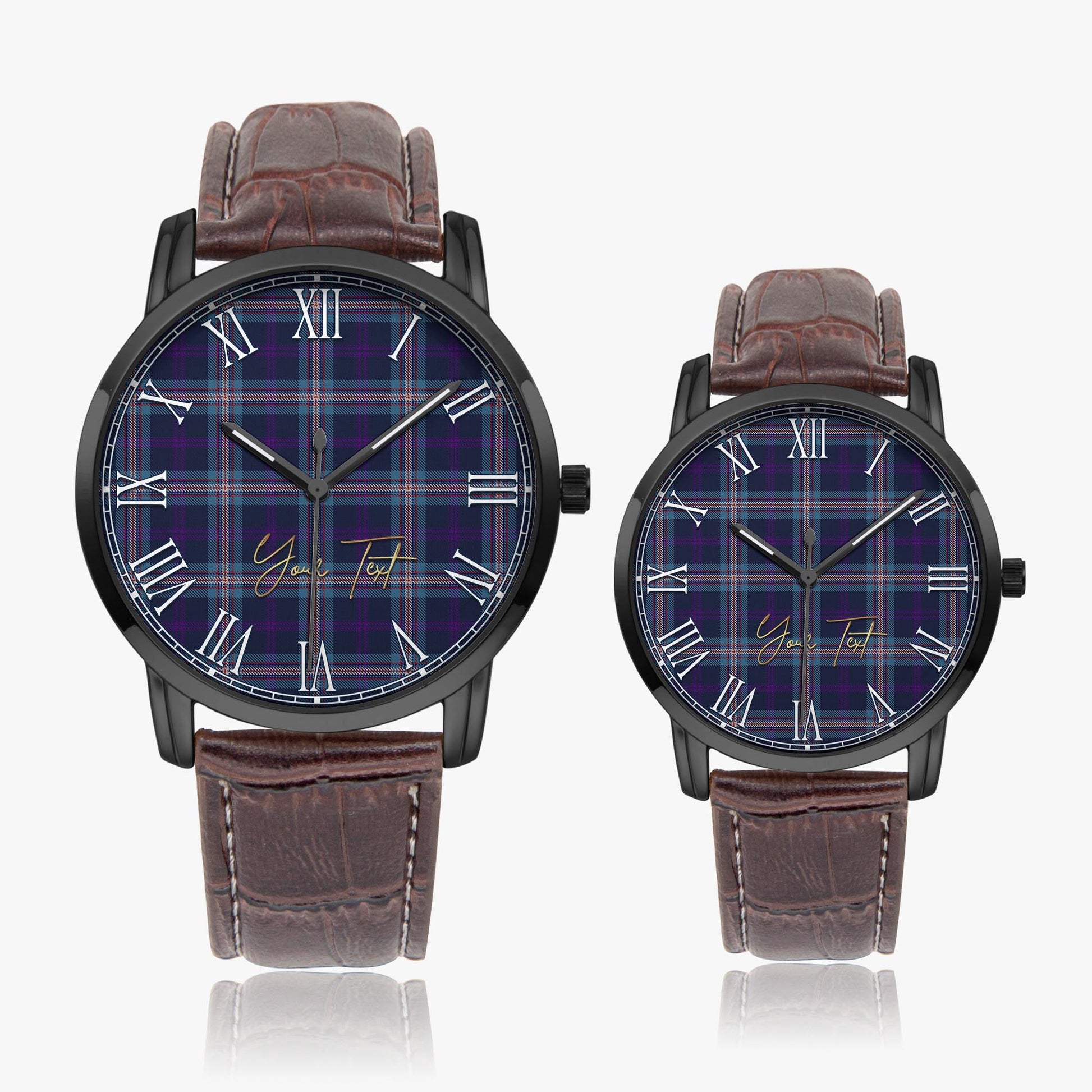 Nevoy Tartan Personalized Your Text Leather Trap Quartz Watch Wide Type Black Case With Brown Leather Strap - Tartanvibesclothing