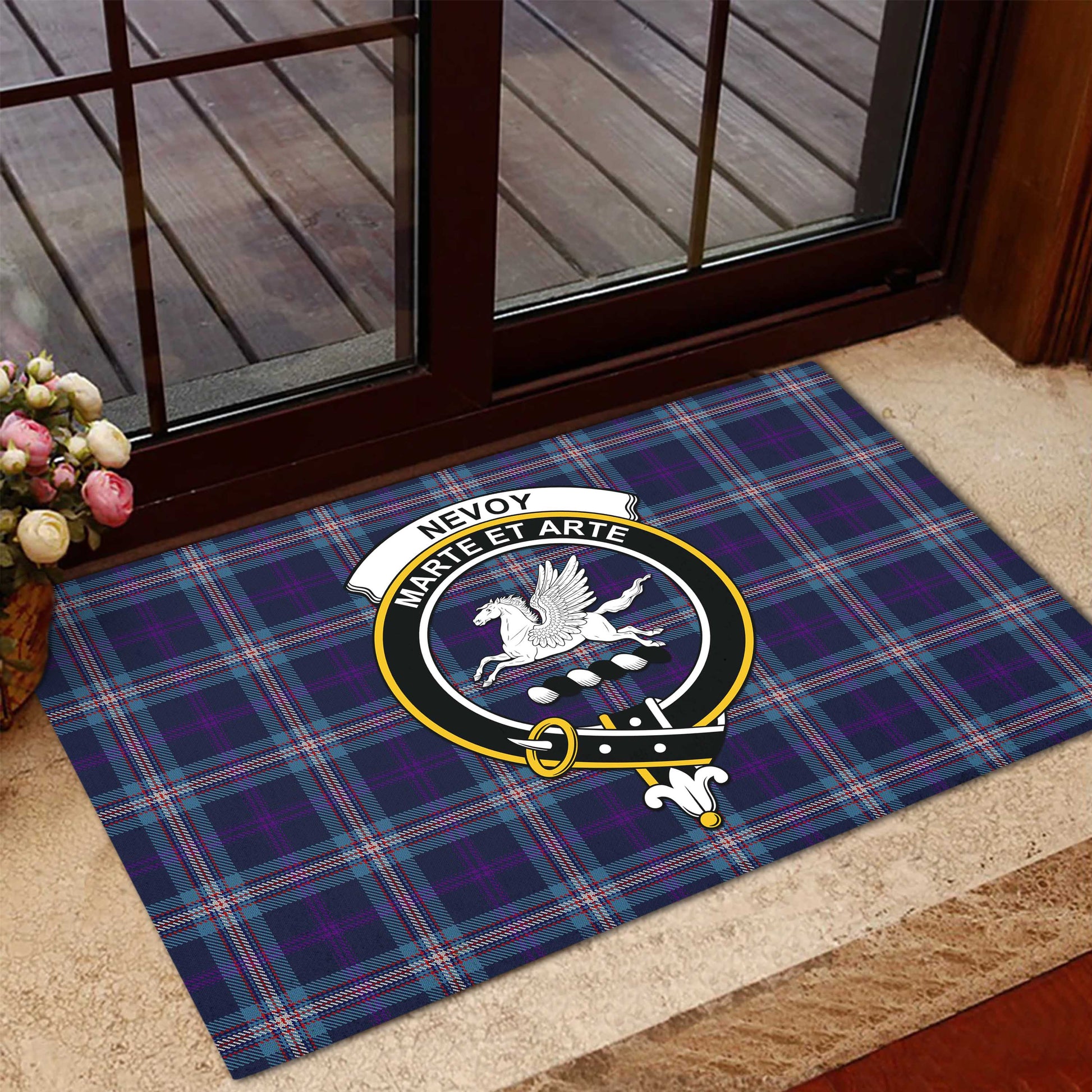 Nevoy Tartan Door Mat with Family Crest - Tartanvibesclothing