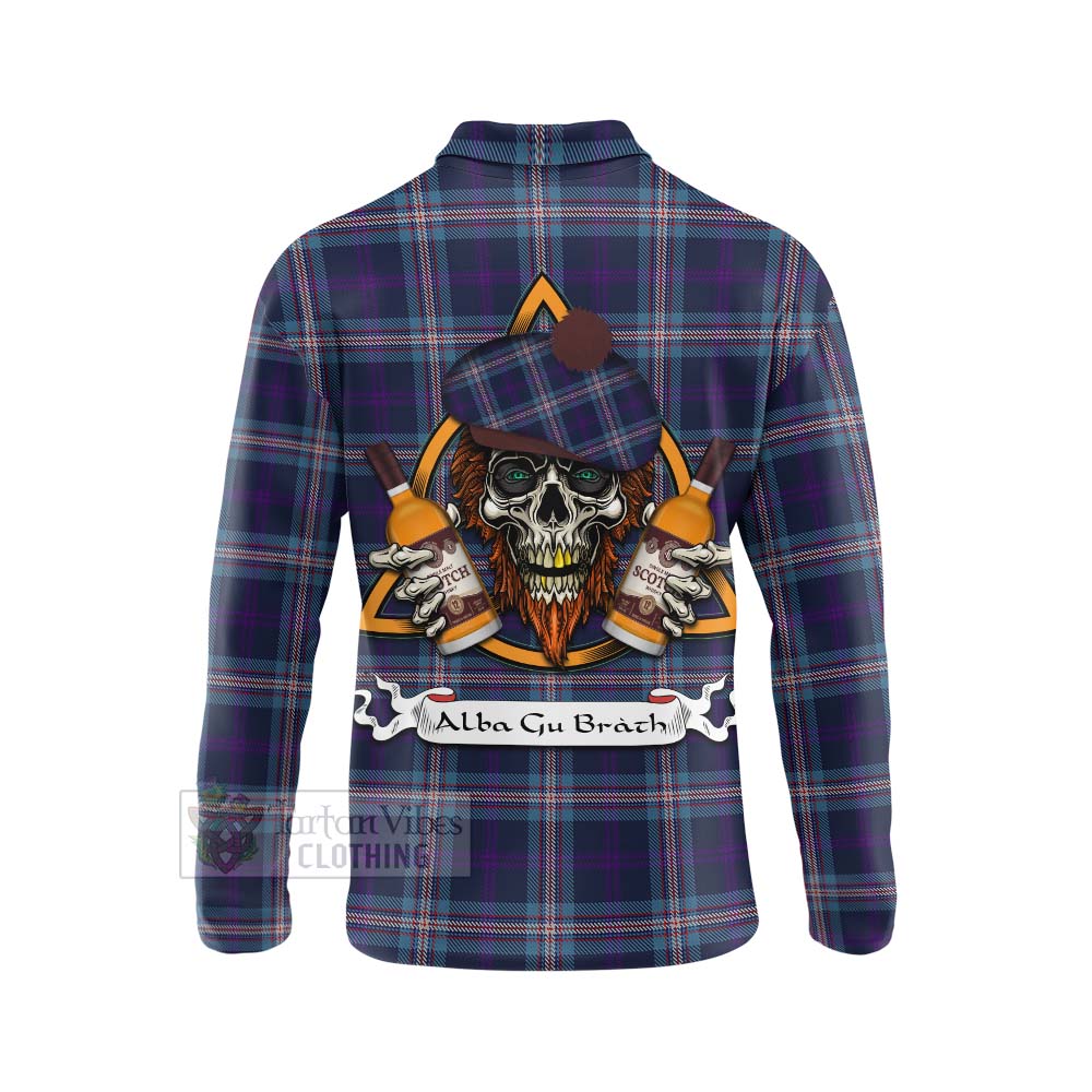 Tartan Vibes Clothing Nevoy Tartan Long Sleeve Polo Shirt with Family Crest and Bearded Skull Holding Bottles of Whiskey