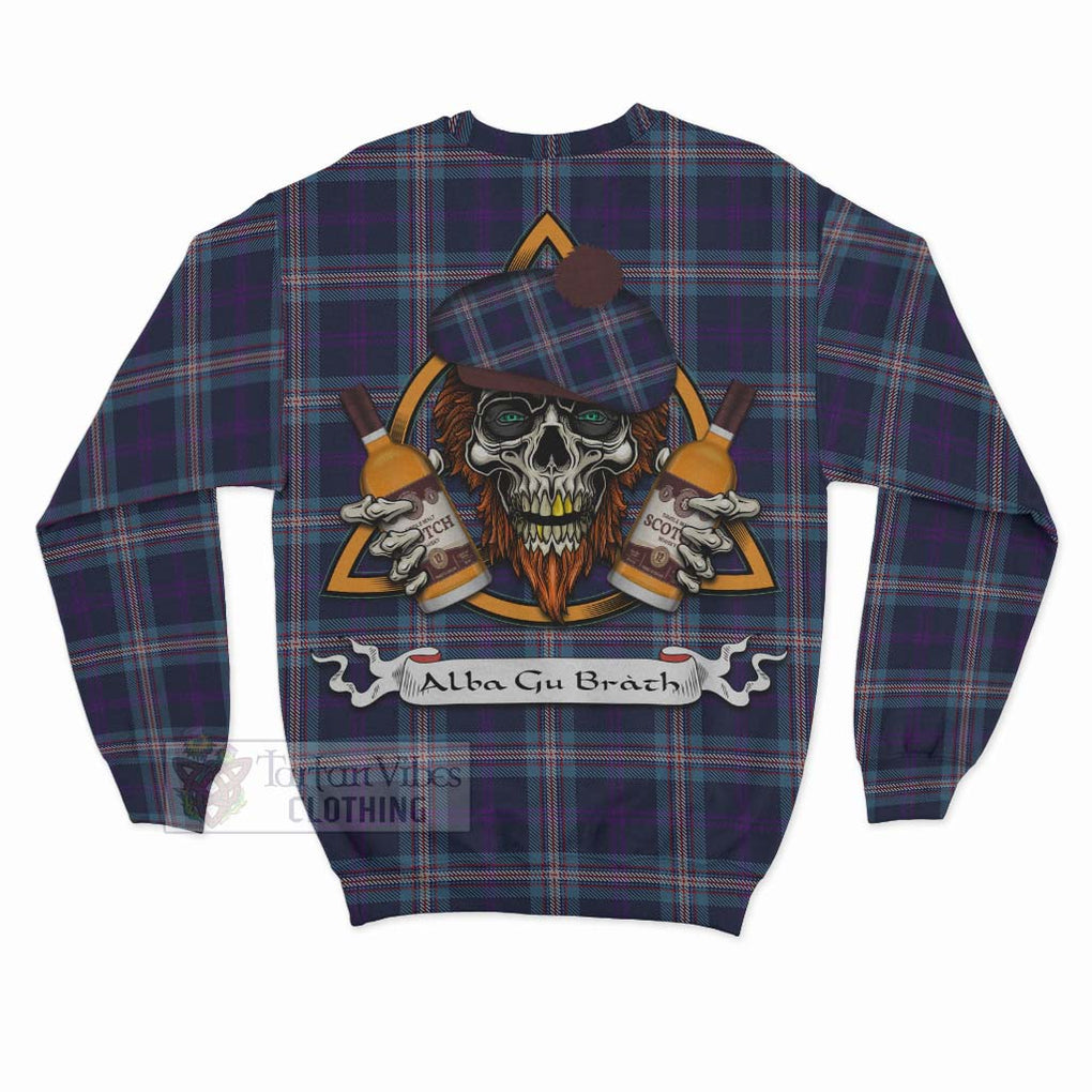 Tartan Vibes Clothing Nevoy Tartan Sweatshirt with Family Crest and Bearded Skull Holding Bottles of Whiskey