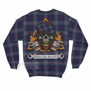 Nevoy Tartan Sweatshirt with Family Crest and Bearded Skull Holding Bottles of Whiskey