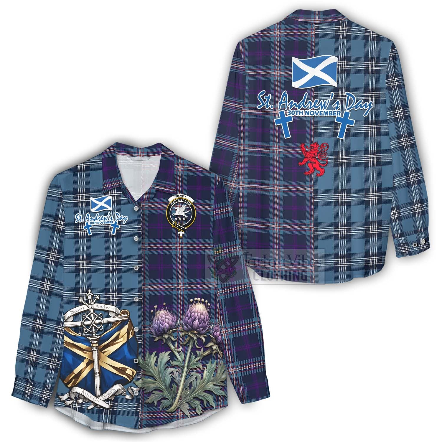 Tartan Vibes Clothing Nevoy Tartan Women's Casual Shirt Happy St. Andrew's Day Half Tartan Style