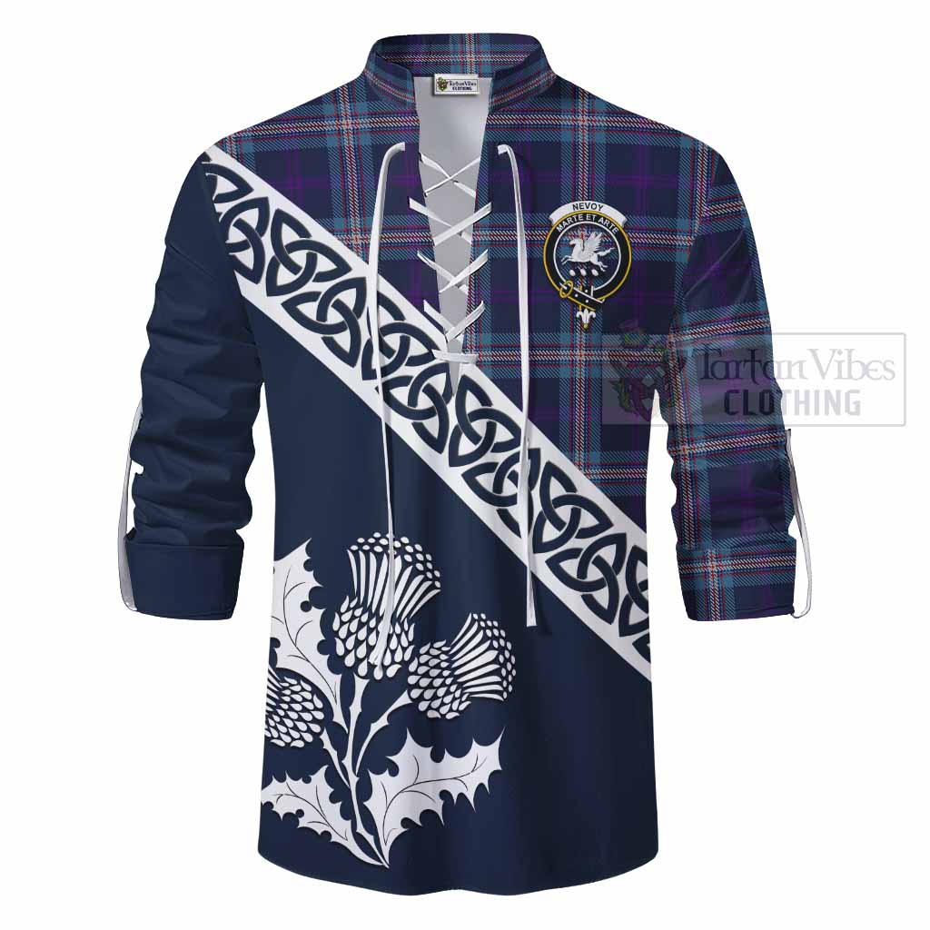 Tartan Vibes Clothing Nevoy Tartan Ghillie Kilt Shirt Featuring Thistle and Scotland Map