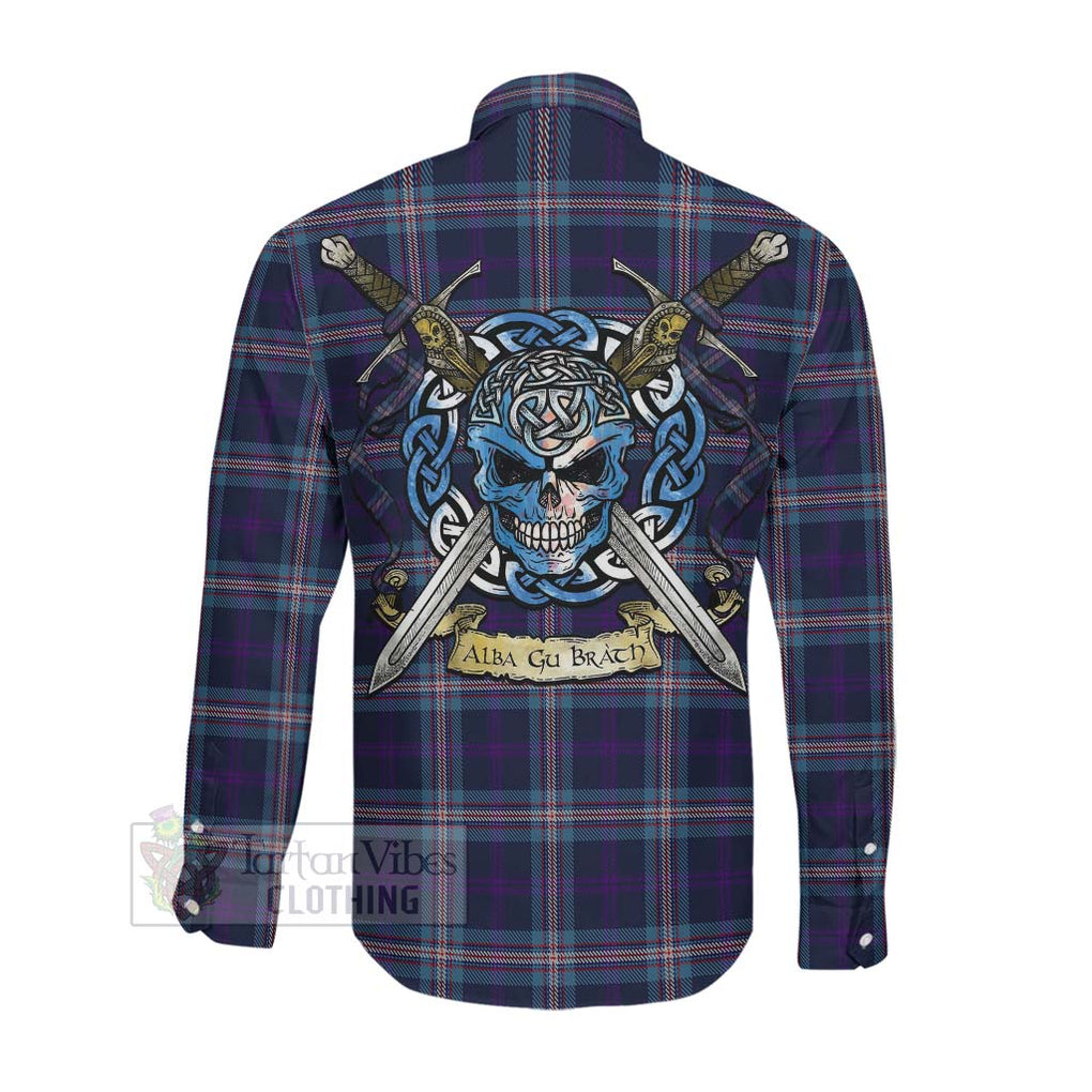 Tartan Vibes Clothing Nevoy Tartan Long Sleeve Button Shirt with Family Crest Celtic Skull Style