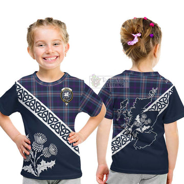 Nevoy Tartan Kid T-Shirt Featuring Thistle and Scotland Map