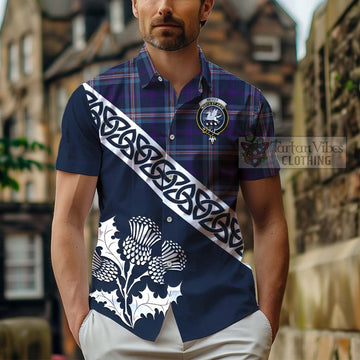 Nevoy Tartan Short Sleeve Button Shirt Featuring Thistle and Scotland Map