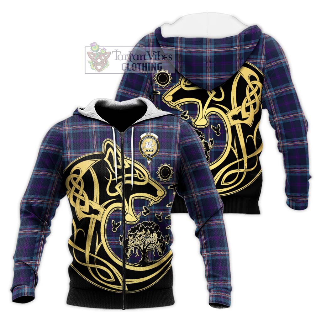 Tartan Vibes Clothing Nevoy Tartan Knitted Hoodie with Family Crest Celtic Wolf Style