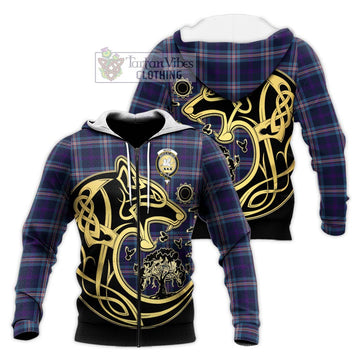 Nevoy Tartan Knitted Hoodie with Family Crest Celtic Wolf Style