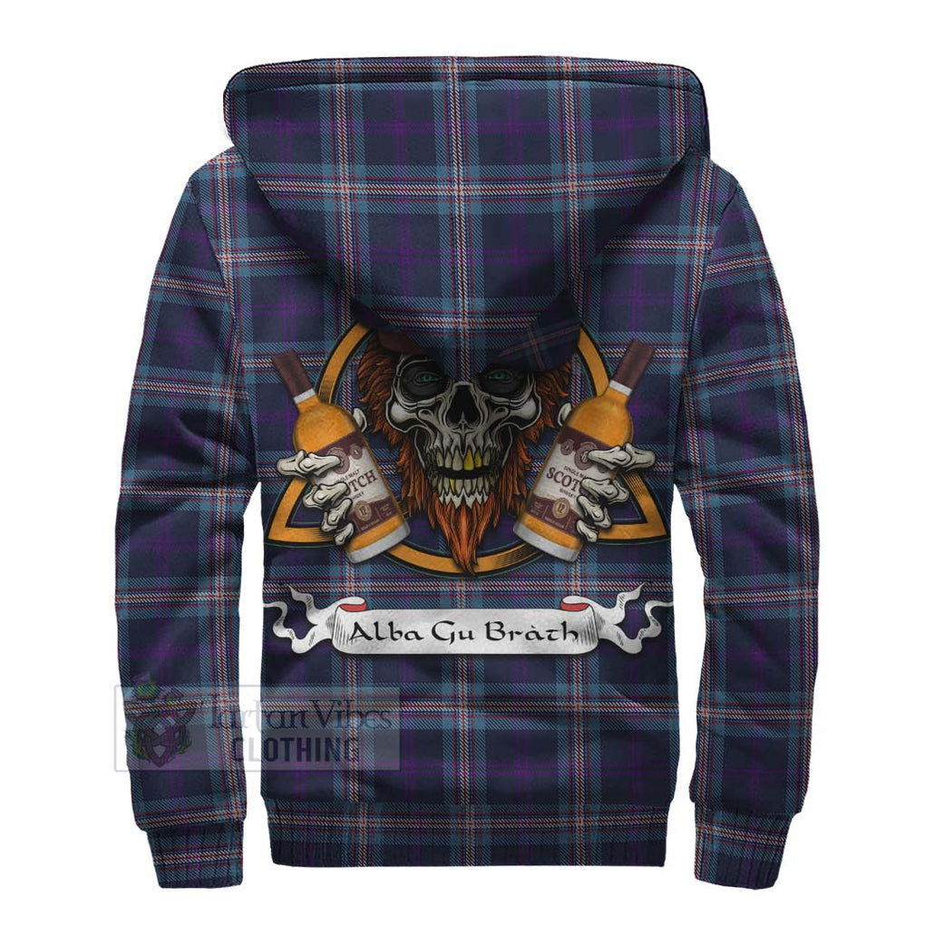 Tartan Vibes Clothing Nevoy Tartan Sherpa Hoodie with Family Crest and Bearded Skull Holding Bottles of Whiskey