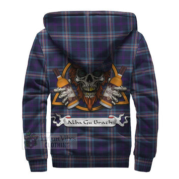 Nevoy Tartan Sherpa Hoodie with Family Crest and Bearded Skull Holding Bottles of Whiskey