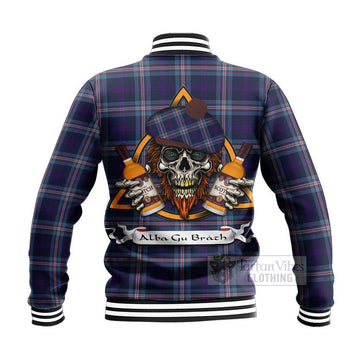 Nevoy Tartan Baseball Jacket with Family Crest and Bearded Skull Holding Bottles of Whiskey