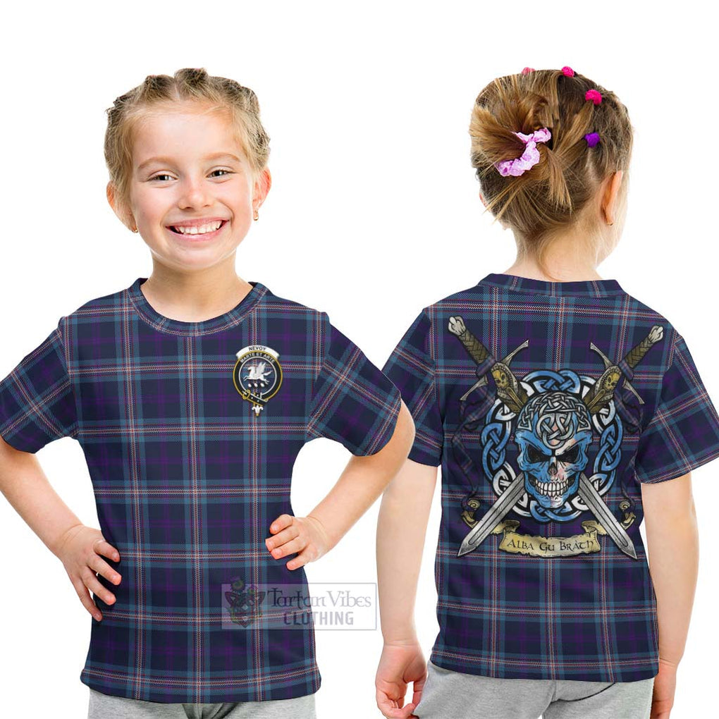 Tartan Vibes Clothing Nevoy Tartan Kid T-Shirt with Family Crest Celtic Skull Style