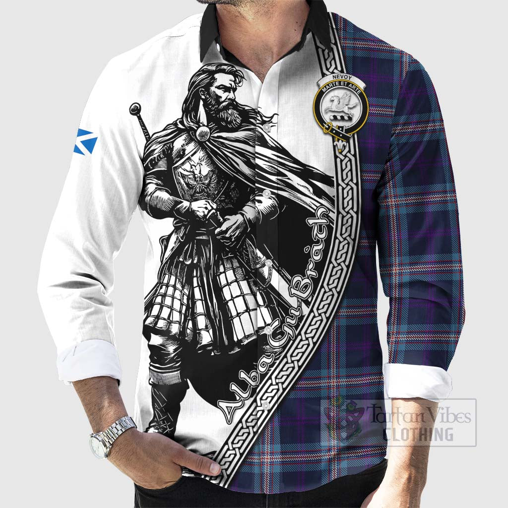 Tartan Vibes Clothing Nevoy Tartan Clan Crest Long Sleeve Button Shirt with Highlander Warrior Celtic Style