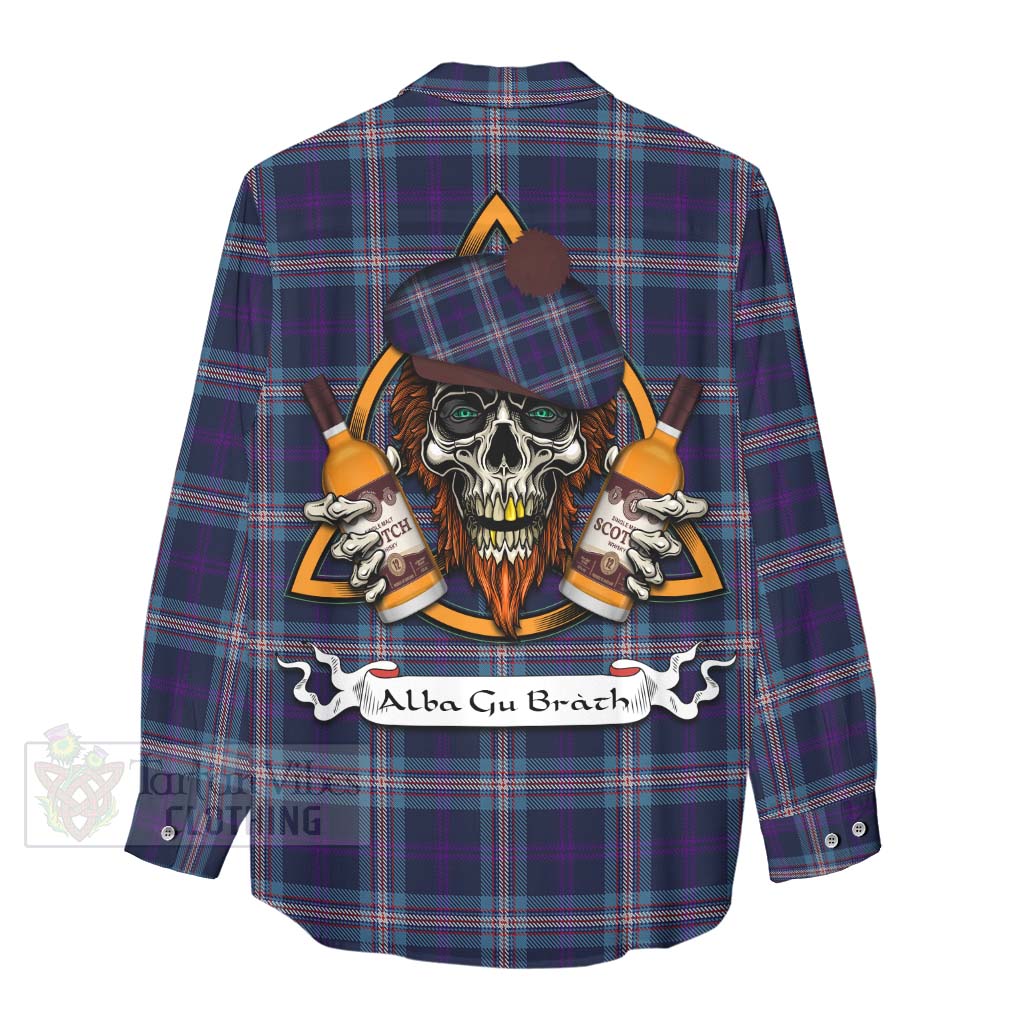 Tartan Vibes Clothing Nevoy Tartan Women's Casual Shirt with Family Crest and Bearded Skull Holding Bottles of Whiskey