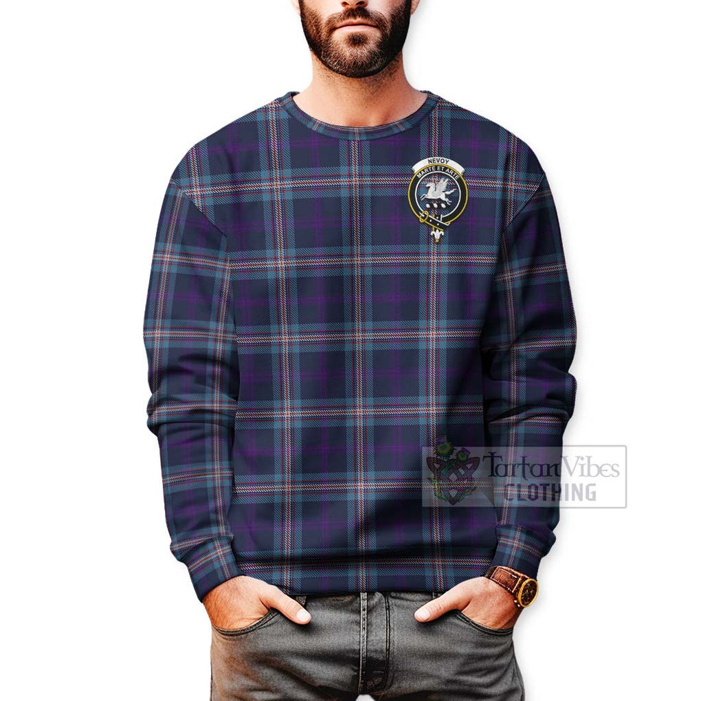 Tartan Vibes Clothing Nevoy Tartan Sweatshirt with Family Crest and Bearded Skull Holding Bottles of Whiskey