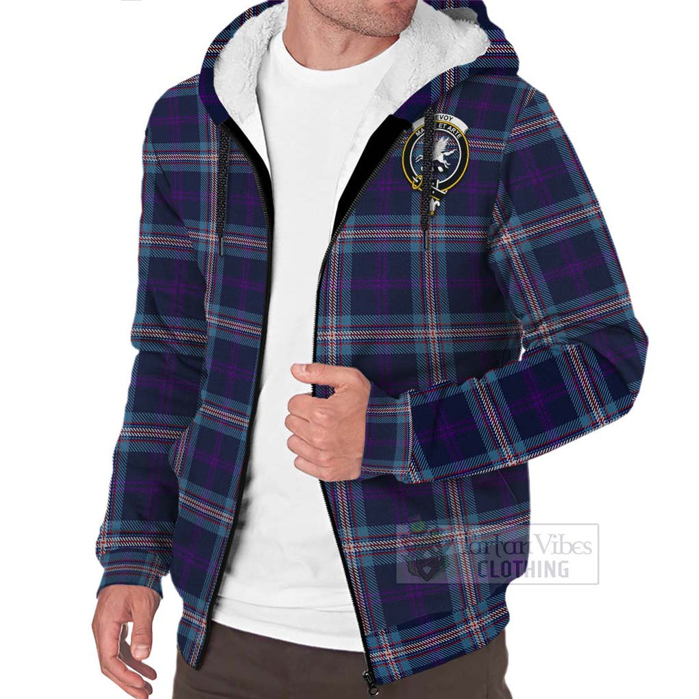 Tartan Vibes Clothing Nevoy Tartan Sherpa Hoodie with Family Crest and Bearded Skull Holding Bottles of Whiskey