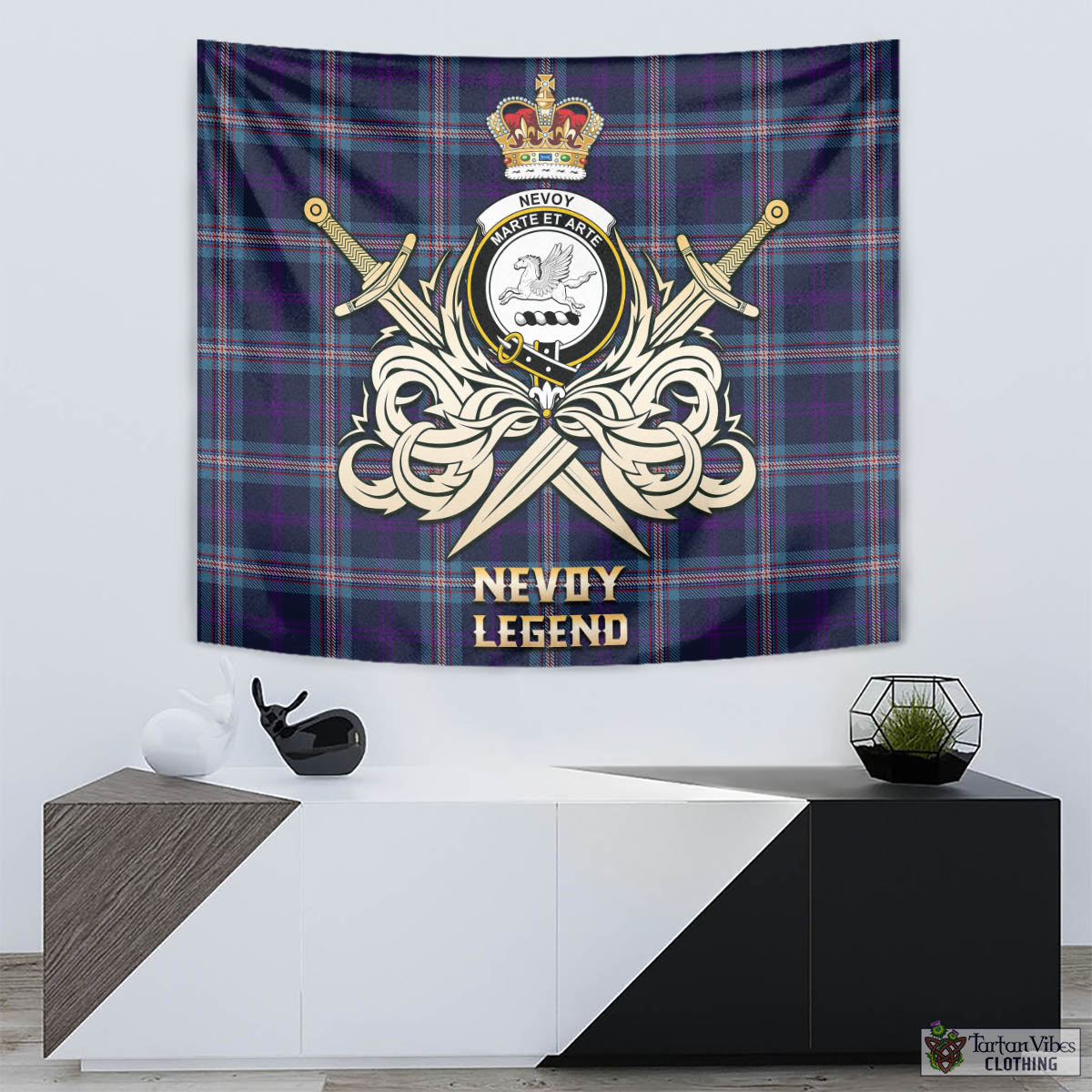 Tartan Vibes Clothing Nevoy Tartan Tapestry with Clan Crest and the Golden Sword of Courageous Legacy