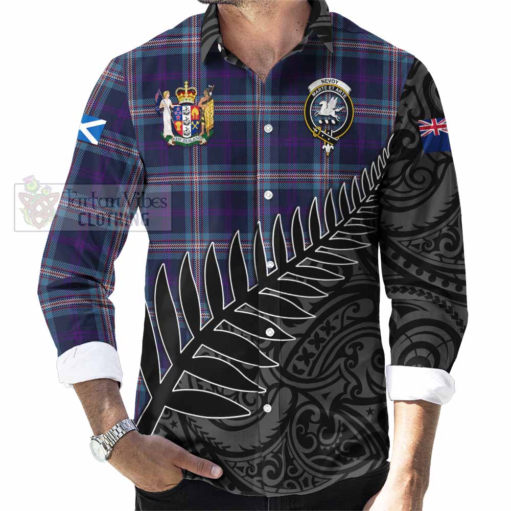 Tartan Vibes Clothing Nevoy Crest Tartan Long Sleeve Button Shirt with New Zealand Silver Fern Half Style