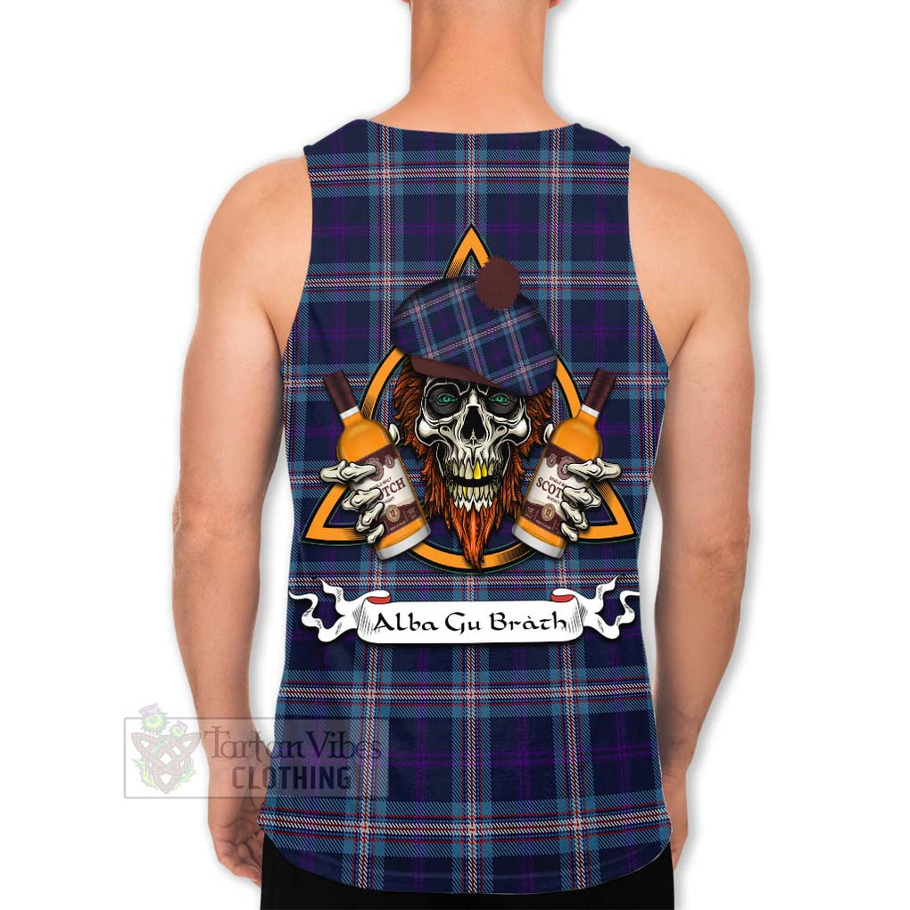 Tartan Vibes Clothing Nevoy Tartan Men's Tank Top with Family Crest and Bearded Skull Holding Bottles of Whiskey