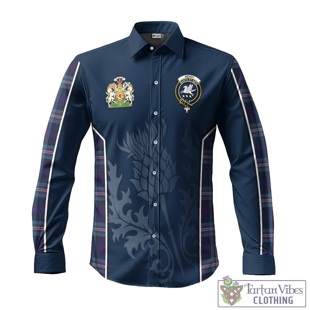 Tartan Vibes Clothing Nevoy Tartan Long Sleeve Button Up Shirt with Family Crest and Scottish Thistle Vibes Sport Style