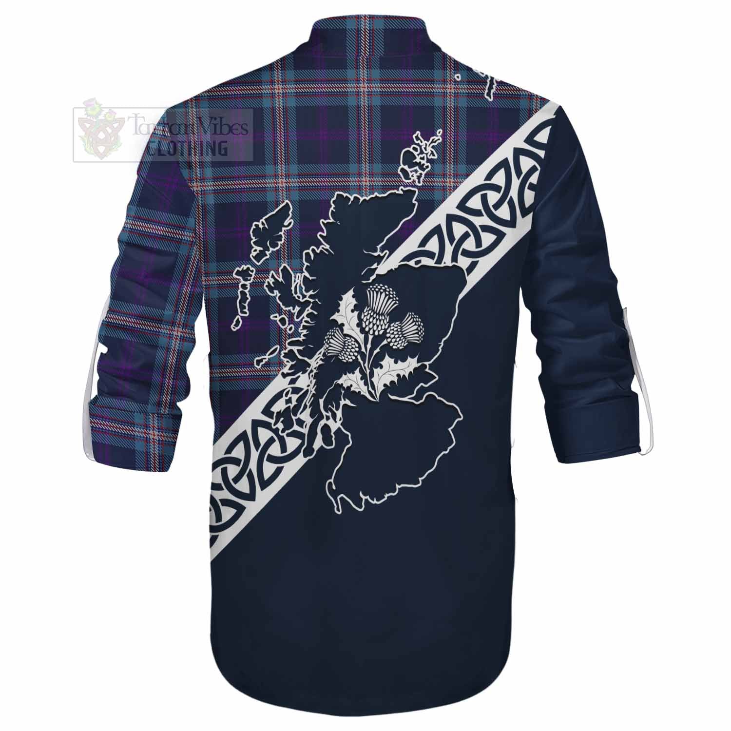 Tartan Vibes Clothing Nevoy Tartan Ghillie Kilt Shirt Featuring Thistle and Scotland Map