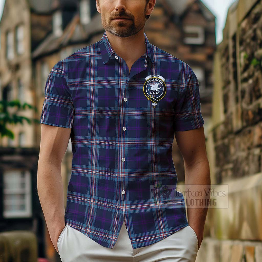 Tartan Vibes Clothing Nevoy Tartan Short Sleeve Button Shirt with Family Crest Celtic Skull Style