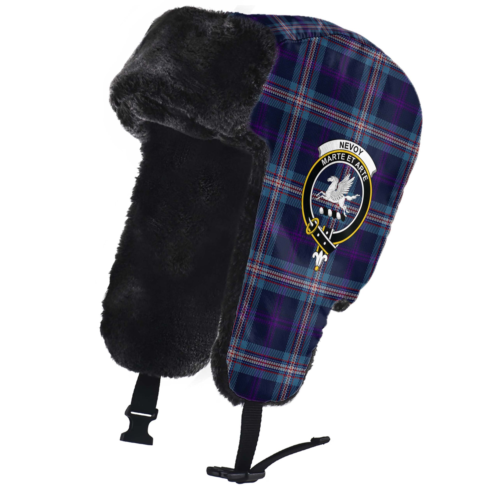 Nevoy Tartan Winter Trapper Hat with Family Crest - Tartanvibesclothing