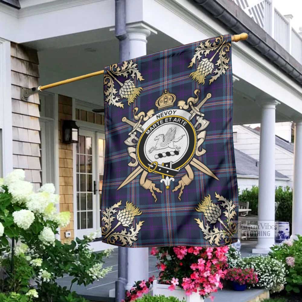 Tartan Vibes Clothing Nevoy Tartan Flag with Family Crest and Golden Thistle Crossed Sword Design