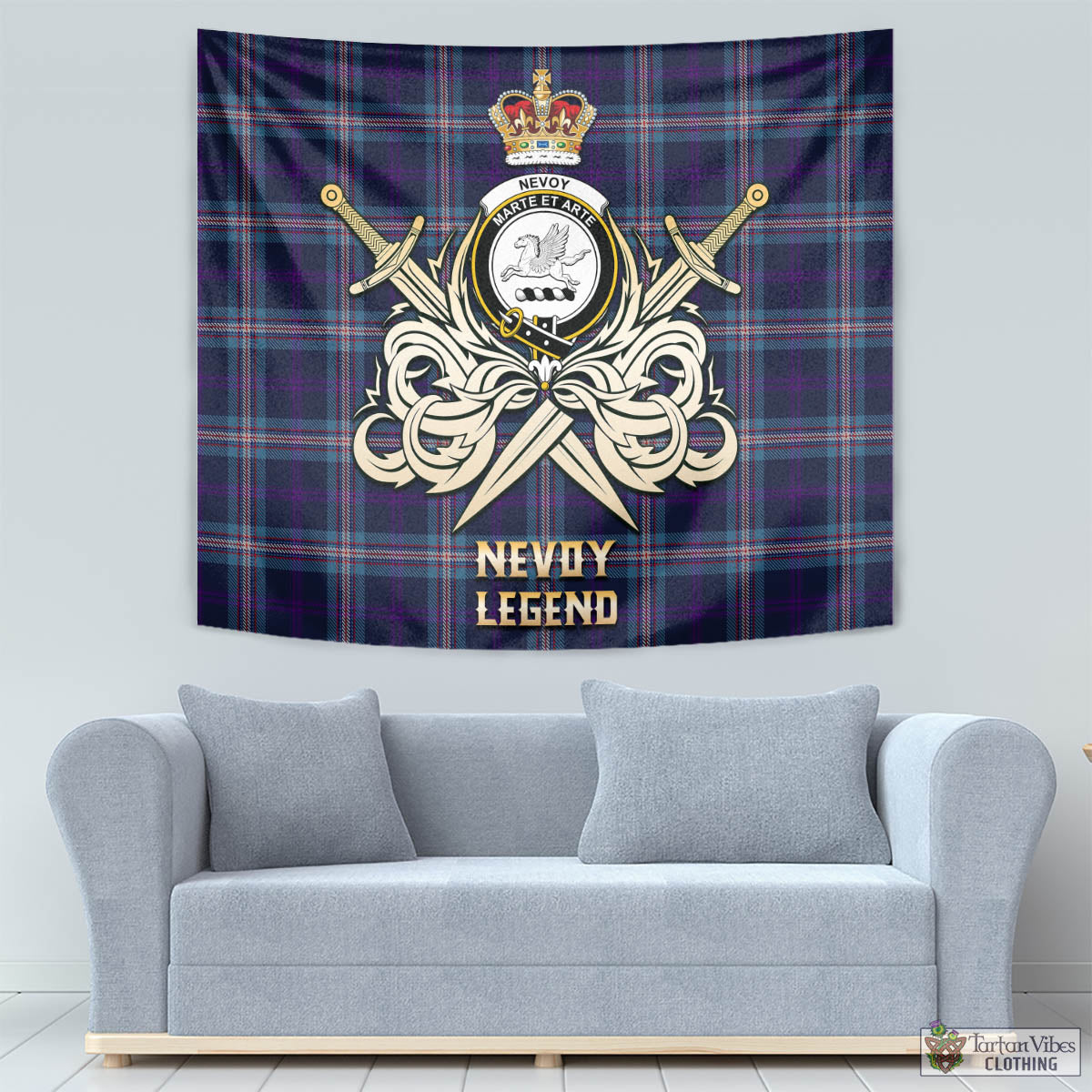 Tartan Vibes Clothing Nevoy Tartan Tapestry with Clan Crest and the Golden Sword of Courageous Legacy