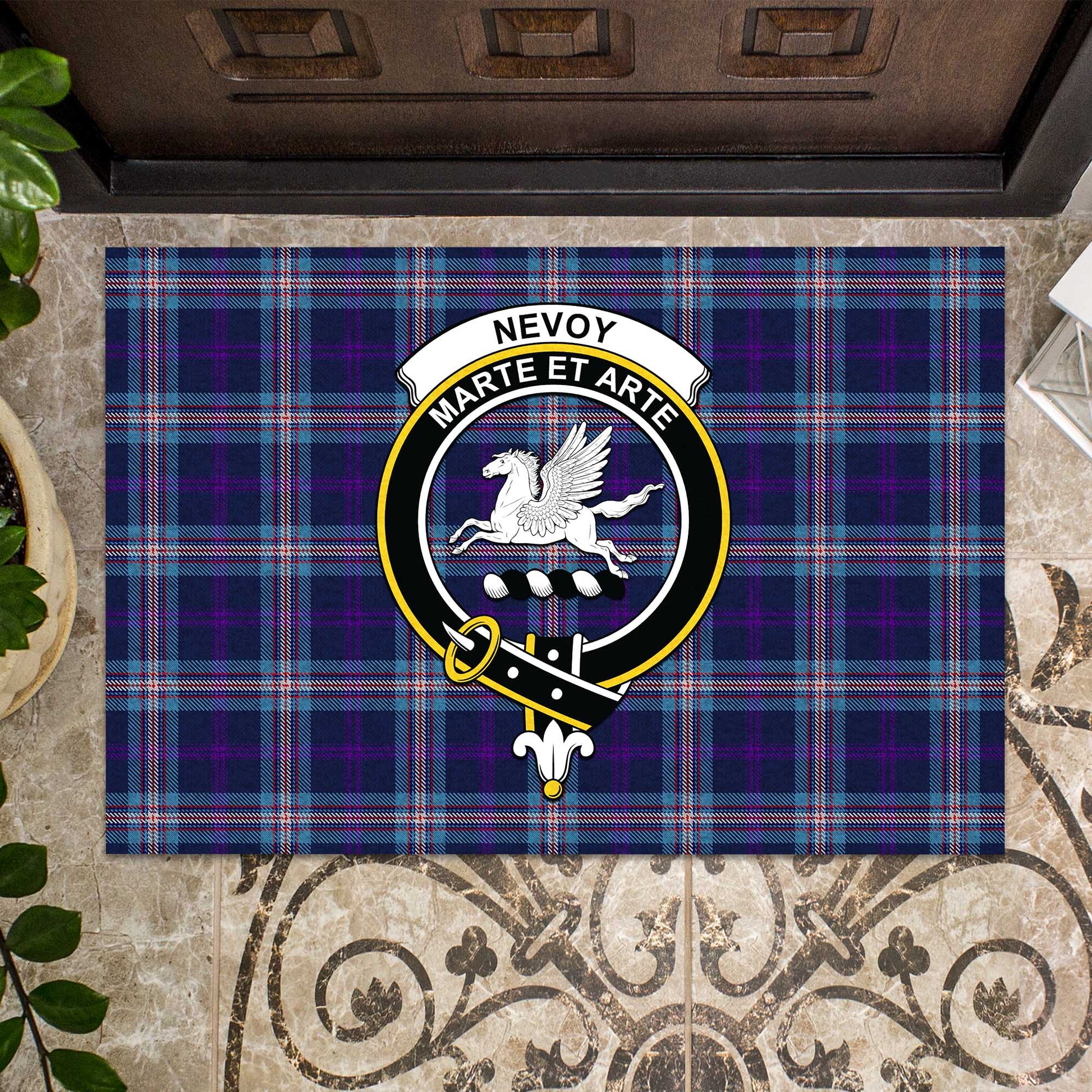 Nevoy Tartan Door Mat with Family Crest - Tartanvibesclothing