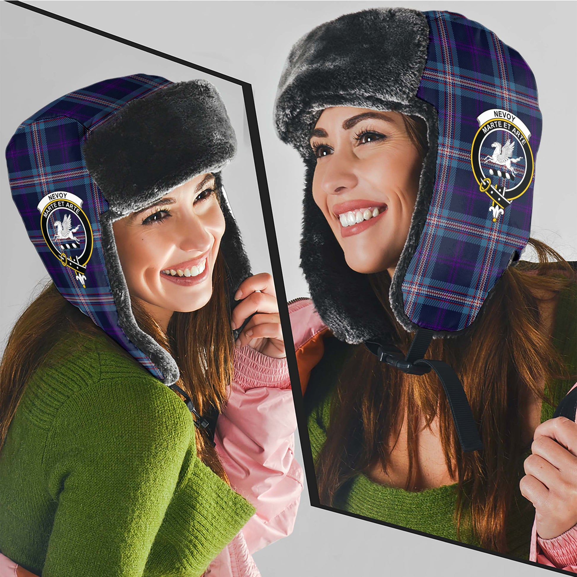Nevoy Tartan Winter Trapper Hat with Family Crest - Tartanvibesclothing